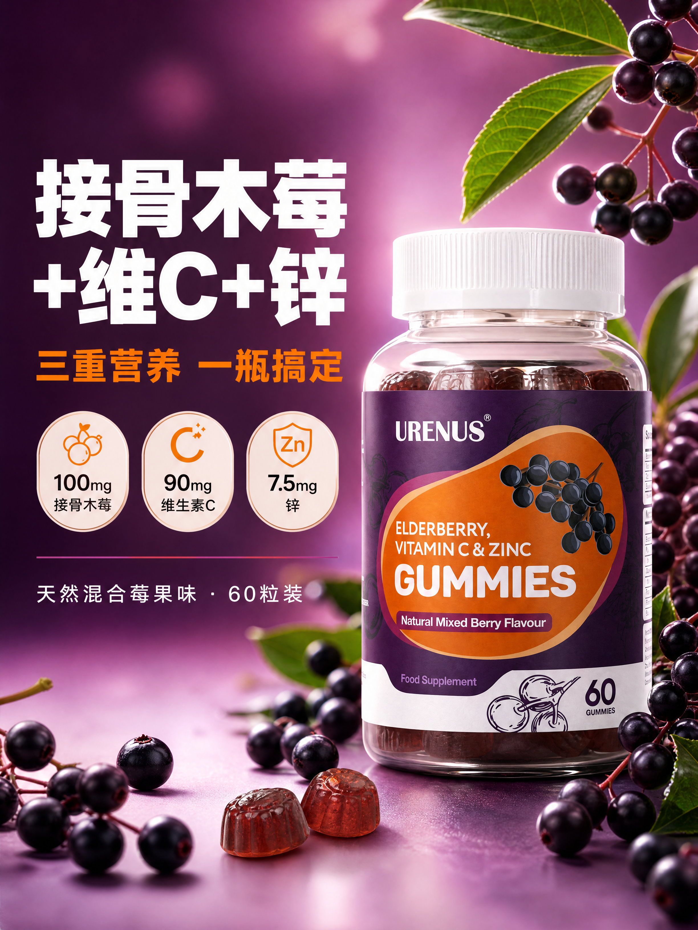 [商品] 使用【图1】URENUS接骨木莓维C锌软糖瓶；保留透… - 图片创意预览
