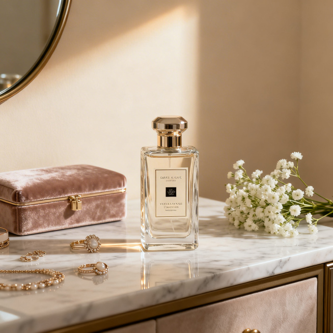 高级香水商品摄影，现代简约风格梳妆台场景，香水瓶放置在大理石台面上，周围搭配精致的首饰、丝绒化妆盒和一小束白色满天星，柔和暖光从侧面照射，突出香水瓶的玻璃质感和通透光泽，背景是浅米色墙面，整体氛围优雅预览效果