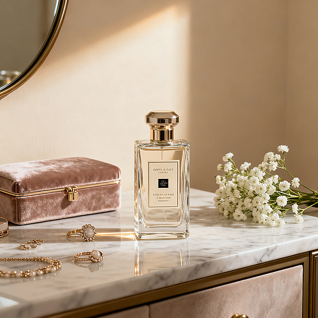高级香水商品摄影，现代简约风格梳妆台场景，香水瓶放置在大理石台面上，周围搭配精致的首饰、丝绒化妆盒和一小束白色满天星，柔和暖光从侧面照射，突出香水瓶的玻璃质感和通透光泽，背景是浅米色墙面，整体氛围优雅高级，产品为视觉焦点