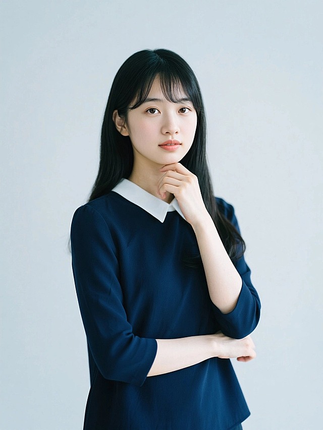 女性讲师职业形象，身穿藏蓝色带白色系带领口的上衣，托下巴动作，另一只手肘自然支撑，正面半身照，纯色背景