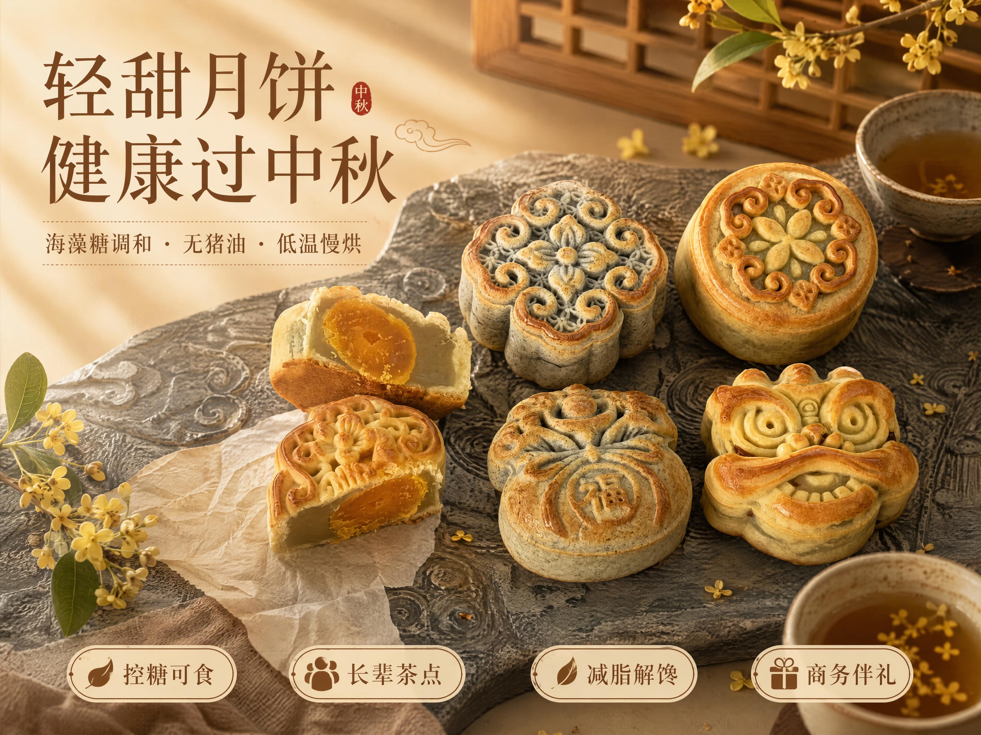 [第1屏] 详情页头图-健康系列月饼全家福中秋主视觉海报。本屏… - 图片创意预览