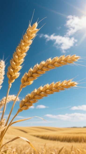 写实风格的麦田摄影，金黄色的麦穗颗粒饱满，麦芒清晰可见，在柔和的风中微微摇曳，背景是广阔的深蓝色天空点缀着几缕白色云朵，阳光从斜上方照射，为麦穗镀上温暖的金色高光并投下细长阴影，景深控制使前景麦穗清晰而背景麦田逐渐虚化形成金色的波浪状地平线，整体画面呈现出宁静而丰收的氛围，色彩明亮饱和，细节质感丰富。预览效果