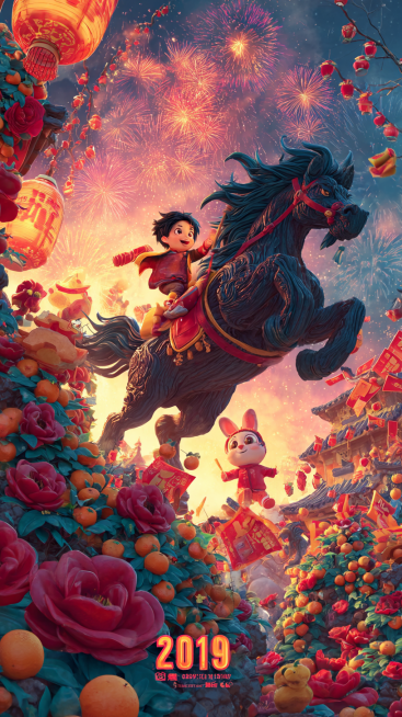 A vibrant, jubilant, and ultra-detailed Chinese New Year poster for the Year of the Horse, 9:16 aspe预览效果