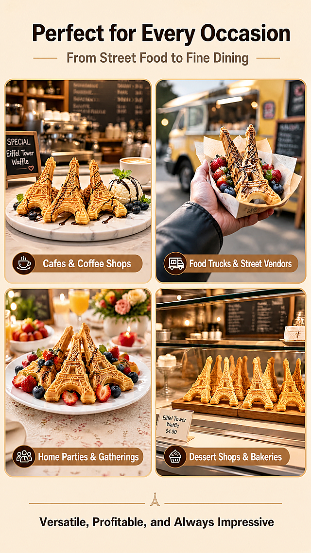 [商品] 使用【图1】埃菲尔铁塔华夫饼成品图；保留华夫饼的铁塔造型、金黄酥脆质感完全不变，产品图片不做任何改变。
[画面] 目标：适用场景拼图页，展示多场景应用价值。构图：2x2四格拼图布局，每格展示一个应用场景，顶部标题区在上，底部总结文案。主体占比：四格拼图占画面65%。阅读动线：顶部标题→四格场景图→底部总结。四格分别为：左上咖啡馆柜台展示、右上街头餐车手持、左下家庭派对摆盘、右下甜品店橱窗。前景：各场景中华夫饼成品展示。背景：每格独立场景背景，整体统一暖调。
[视觉] 套系策略：风格=跨境极简高级商业摄影；标题字=现代无衬线粗体；正文字=简洁无衬线体；主色=暖金棕；背景延展=基于暖金棕做深浅层级、同色渐变和细腻哑光质感；强调色=深巧克力棕，仅用于小面积图标、引线和标签；标题色=深棕黑；正文色=中暖棕；组件=圆角场景图框、细线分隔、场景标签；光影=每格统一暖柔光，整体色调一致。
[文字] 顶部主标题："Perfect for Every Occasion"，副标题："From Street Food to Fine Dining"。四格场景分别标注："Cafes & Coffee Shops"、"Food Trucks & Street Vendors"、"Home Parties & Gatherings"、"Dessert Shops & Bakeries"。底部总结语："Versatile, Profitable, and Always Impressive"。文字全部横向排版。
[规格] 图片比例9:16竖版，4K，避免变形、错字、文字过小、冷蓝/蓝灰背景、华夫饼造型改变。