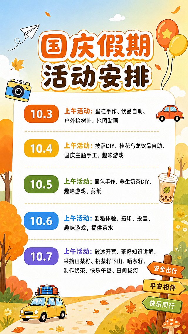基于参考图进行修改：删除每个日期活动内容末尾的扣卡相关文字（10.3/10.4/10.5/10.6末尾的"扣一次卡"，10.7末尾的"扣两次卡"），其余所有内容、版式、配色、插画风格、背景、装饰元素全部保持不变。所有文字清晰可读，数字精确渲染。