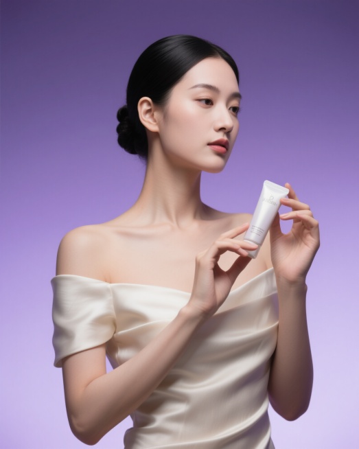 一位年轻女性，黑发盘起，穿着米白色露肩丝绸礼服，手持护肤品，背景为渐变紫色，光线柔和，高清人像，美妆广告风格，产品细节清晰预览效果