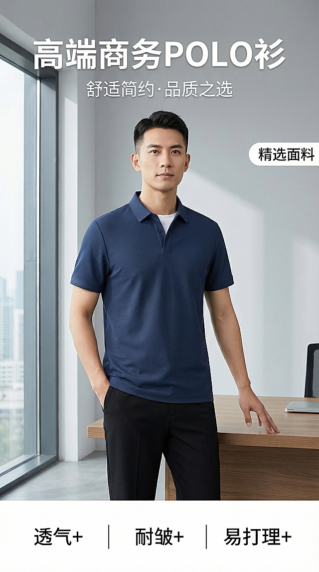 [主图 1] 首图/空间场景与氛围：POLO衫高端大气首图；氛围/风格：简约商务风，自然光漫射，专业质感；画面元素：深蓝色POLO衫居中展示，一位亚洲男性模特（30岁左右，短发，清爽干净）穿着该POLO衫搭配黑色西裤，站立于简约现代办公室场景中，背景为浅灰色墙面和落地窗，窗外有模糊城市景观；模特姿态自然放松，一手插兜，一手轻搭在办公桌上；光影柔和均匀，突出服装质感；配色色系：主色调深蓝（POLO衫），辅助色：浅灰（背景）、黑（西裤）、白（衬衫内搭）；视角构图：正面平视，产品完整展示占比60%；文字版式：顶部标题"高端商务POLO衫"，副标题"舒适简约·品质之选"，右上角标签"精选面料"，底部三列亮点"透气+ | 耐皱+ | 易打理+"，字体为无衬线体，白色；采用沉浸式场景+悬浮信息布局，文字置于画面留白处，避免遮挡产品；比例分辨率：9:16，2K分辨率