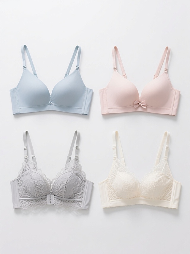 一组4款不同设计的女性内衣系列产品展示，保持原图的极简白色纯色背景，采用相同的高清晰度商业摄影风格，光线均匀柔和，正面俯视角，突出内衣的材质细节和结构设计。每件内衣均为浅色系（浅蓝、浅粉、浅灰、米白），保留精致的蕾丝、透气网眼等材质特征，但在款式上各具特色：1. 简约无钢圈三角杯配细肩带；2. 带精致蝴蝶结装饰的半杯文胸；3. 前扣式美背设计内衣；4. 法式薄款bralette。4件内衣呈2x2网格状规整排布，间距均匀，整体构图平衡对称，适合电商产品系列展示。