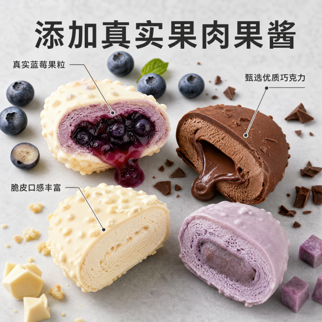 [主图-2] 核心卖点展示图，突出真材实料品质
[氛围风格] 实拍级干净简约风格，浅灰色高级背景，冰气氛围感，雪糕纹理清晰
[画质] 商业摄影质感、光线柔和通透、产品清晰真实、画面干净高级
[元素]预览效果
