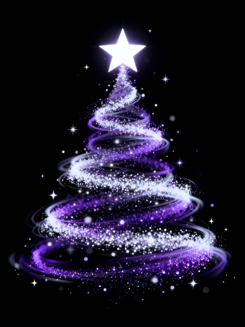 黑色背景上，以紫色和白色闪光粒子构成的螺旋状圣诞树为主视觉，顶部有一颗明亮的五角星，周围点缀着小星星和闪烁的光点，整体呈现出梦幻、优雅的氛围，具有流动感的光效和细腻的颗粒质感，画面简洁而富有节日气息。预览效果