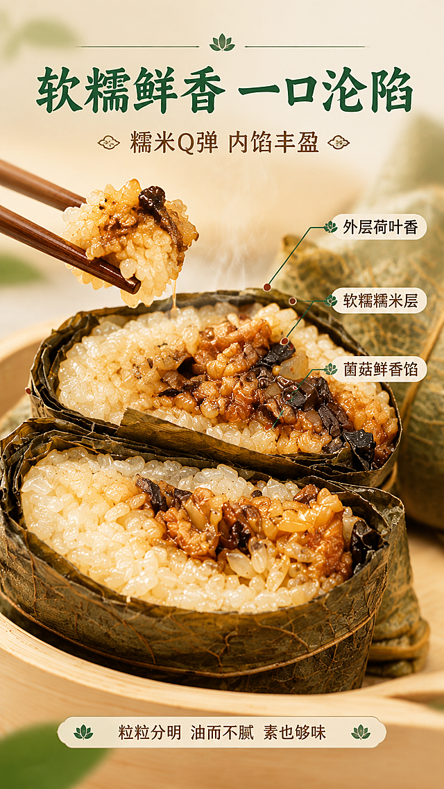 [商品] 使用【图1】纯素糯米吉切开的剖面；保留糯米颗粒的米白色与油润光泽、菌菇馅料的深褐与酱色层次、荷叶的深绿色叶脉纹理；放大展示糯米的软糯拉丝感和馅料的油润多汁，增强食欲质感；不改变产品结构和内馅比例。
[画面] 目标为口感质地特写（剖面微距型），产品剖面占画面70%，位于画面中央；超近距离俯拍切开的糯米吉剖面，糯米颗粒饱满晶莹，菌菇馅料油润有光泽，荷叶边缘包裹清晰；剖面上方有轻微蒸汽升腾，旁边放一双竹筷夹起一小块糯米；背景为虚化的浅米色，突出主体质感；顶部和底部留白放文案。
[视觉] 套系策略：风格=中式素食烟火气商业摄影；标题字=宋体粗体（带手写感的宋体）；正文字=简洁无衬线体；主色=暖米杏+荷叶墨绿；背景延展=基于暖米杏做深浅层级，搭配柔和渐变光晕；强调色=酱红棕，仅用于小面积图标、引线和标签点缀；标题色=深墨绿；正文色=暖棕灰；组件=圆角浅米色信息卡、细墨绿引线、小荷叶图标；光影=侧上方暖柔光，突出糯米颗粒立体感和馅料油润反光，底部有柔和投影。
[文字] 顶部主标题「软糯鲜香 一口沦陷」，副标题「糯米Q弹 内馅丰盈」；画面右侧用细引线标注剖面层次：「外层荷叶香」「软糯糯米层」「菌菇鲜香馅」；底部短句口感描述：「粒粒分明 油而不腻 素也够味」；所有文字横向排版，字号保证手机端清晰可读，不遮挡剖面主体。
[规格] 图片比例9:16竖版，4K分辨率，避免变形、错字、文字过小、糯米糊成一团、馅料颜色失真、冷色调。