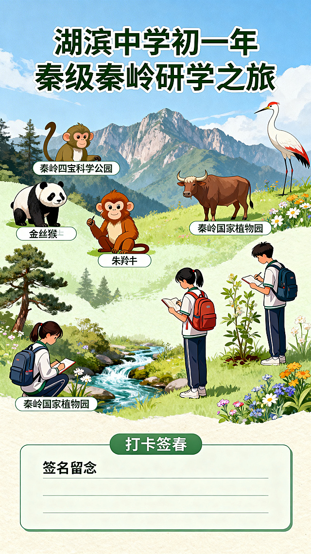 经典打卡形式研学海报，主题为湖滨中学初一年级秦岭研学，包含秦岭四宝科学公园和秦岭国家植物园元素，设计风格活泼青春，顶部显著位置写大标题“湖滨中学初一年级秦岭研学之旅”，底部预留打卡签名区域，整体色调清新自然，融合秦岭自然风光与校园研学氛围