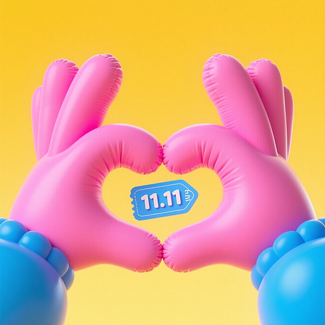 软3D充气风双手比心，粉色手掌与蓝色标签构成甜蜜浪漫的双11促销画面，波普色彩碰撞，趣味十足。