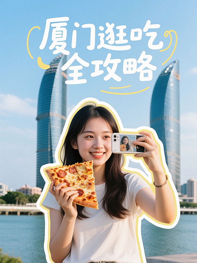 清新实景扁平风，大字突出厦门美食攻略，简约现代。