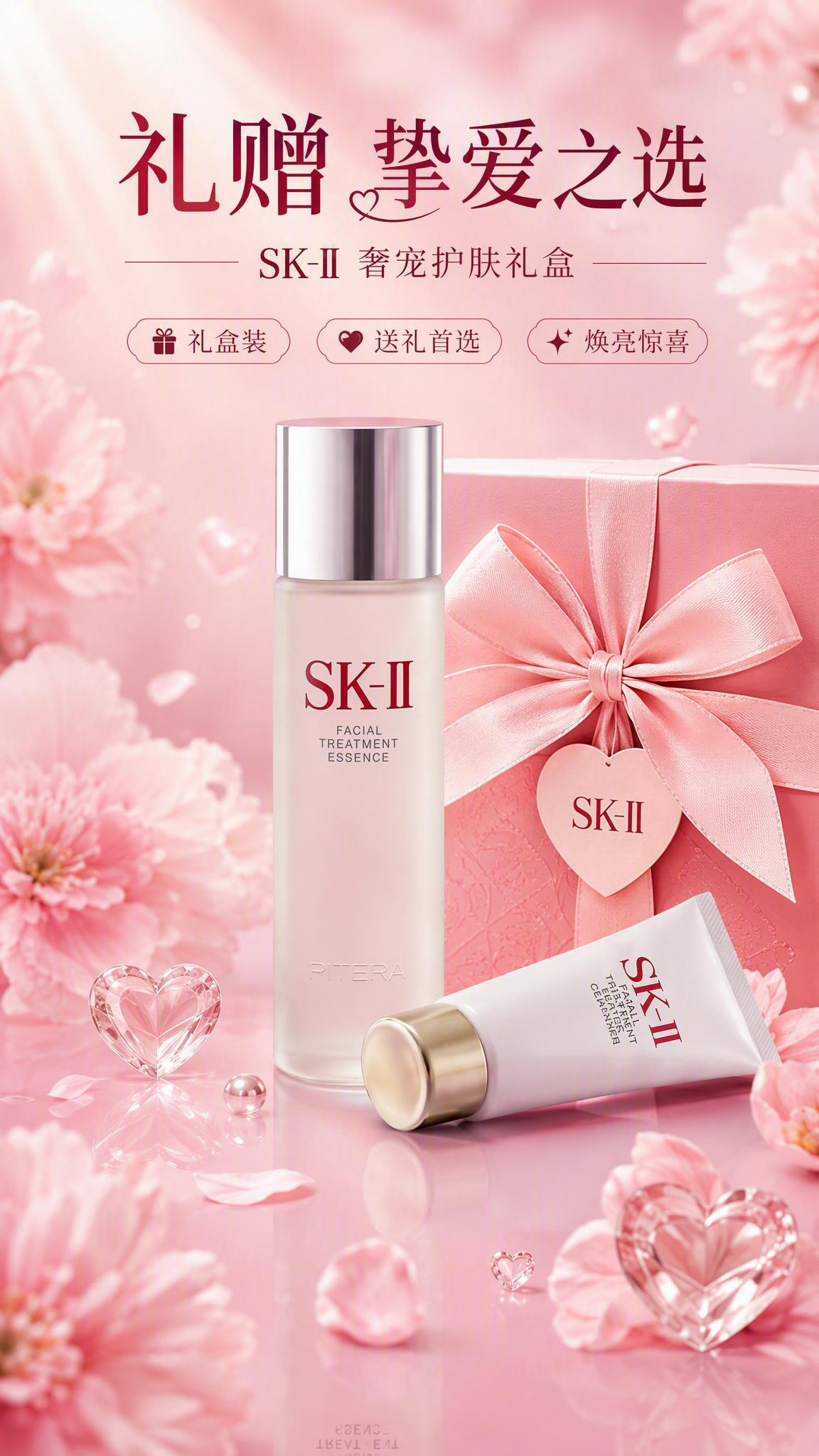 高级感护肤品电商海报，写实商业摄影风格，节日浪漫型母题。SK-… - 图片创意预览