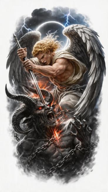 将天使斗恶魔图案上下部分填充完整，整体渲染为高饱和度鲜艳彩色：天使翅膀做灰白色渐变深灰色，羽毛纹理清晰，天使皮肤暖肉色，头发金色，衣服米白色，长矛金属银白色，恶魔皮肤深灰黑色，牛角深黑色，眼睛亮红色，预览效果