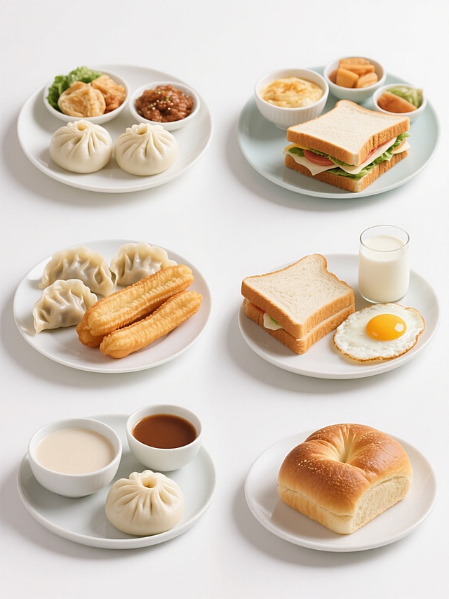 6个不同样式、不同种类、不同搭配的早餐，白色背景，排列整齐，高清晰度，写实风格，食物色彩鲜艳，细节丰富，立体感强，包括中式早餐如包子、饺子、油条、豆浆，西式早餐如三明治、牛奶、煎蛋、面包，每种早餐搭配合理，摆放美观，无LOGO、电话地址及二维码。