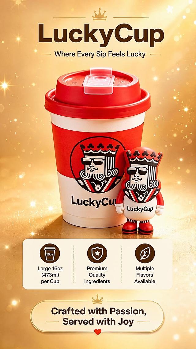 [第8屏] 规格信息与品牌收尾屏 - LuckyCup 容量规格与品牌理念。本屏使用【图2】随行保温杯作为品牌形象主体，保持杯型、红白配色、国王公仔一致。
[氛围/风格] 品牌质感，温暖节日感，跨境电商收尾屏风格，高级感。
[元素布局] 红白配色随行保温杯【图2】置于画面中央偏上，旁边站着国王IP公仔，占画面约50%；背景为暖金色渐变，有柔和的星光粒子点缀；下方为规格信息区和品牌标语区；杯身红色国王Logo和黑色文字保持原样。
[光影质感] 暖金色柔光，杯盖有高光，整体温暖有质感，阴影柔和。
[配色色系] 全局底色 #FFF8E1 暖金色渐变；主色红色+白色；辅助色金色星光点缀。
[视角构图] 正面微仰视，产品居中，阅读动线从上到下。
[文字版式] 顶部品牌标语"LuckyCup - Where Every Sip Feels Lucky"；下方规格信息："Large 16oz (473ml) per Cup" / "Premium Quality Ingredients" / "Multiple Flavors Available"；底部品牌承诺"Crafted with Passion, Served with Joy"；字体为现代无衬线体，深棕色字色。所有文字为英文，清晰可读。
[比例分辨率] 9:16 竖版比例，4K分辨率，文字清晰可辨，高清画质。
[负向提示词] 杯身变形，缺件错件，颜色偏差，水印，中文字符，文字错乱，产品图模糊，Logo变形，公仔变形。