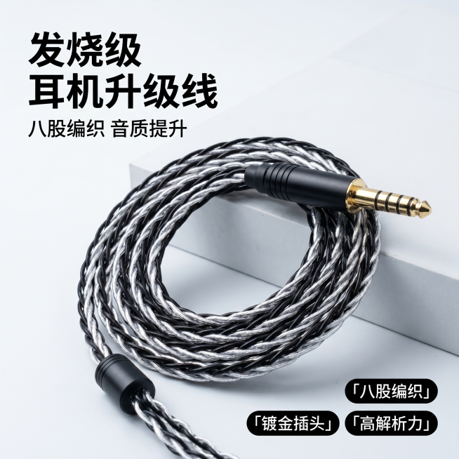 [主图 1] 高端HIFI耳机升级线首图展示。
[氛围风格] 科技冷感简约高端商业电商风
[画质] 商业摄影质感，光线柔和通透，产品清晰真实，画面干净高级。
[元素] 黑银八股编织耳机升级线完整盘绕居预览效果