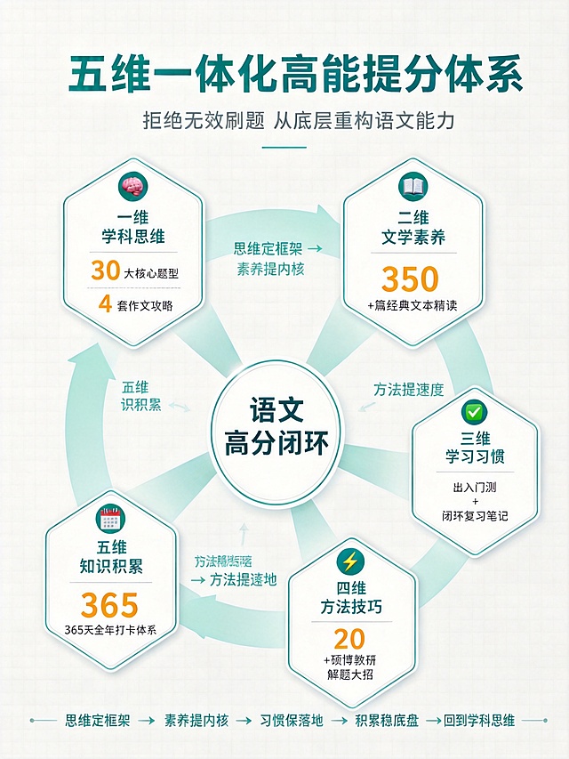 修改这张五维一体化提分体系图，将五个模块之间用箭头连接形成完整闭环：思维定框架 → 素养提内核 → 习惯保落地 → 方法提速度 → 积累稳底盘 → 回到学科思维，构成循环闭环结构。保持原有配色、文字、图标和整体风格不变