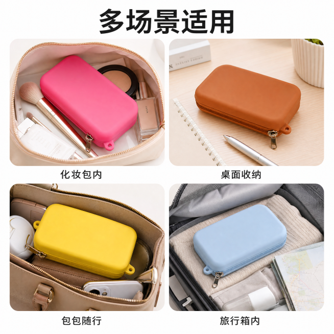 [主图-4] 硅胶收纳包多场景使用展示。
[氛围风格] 生活化场景，实用整洁
[画质] 商业摄影质感、光线柔和通透、产品清晰真实、画面干净高级
[元素] 四宫格展示：第一格放在化妆包内，第二格放在桌面预览效果