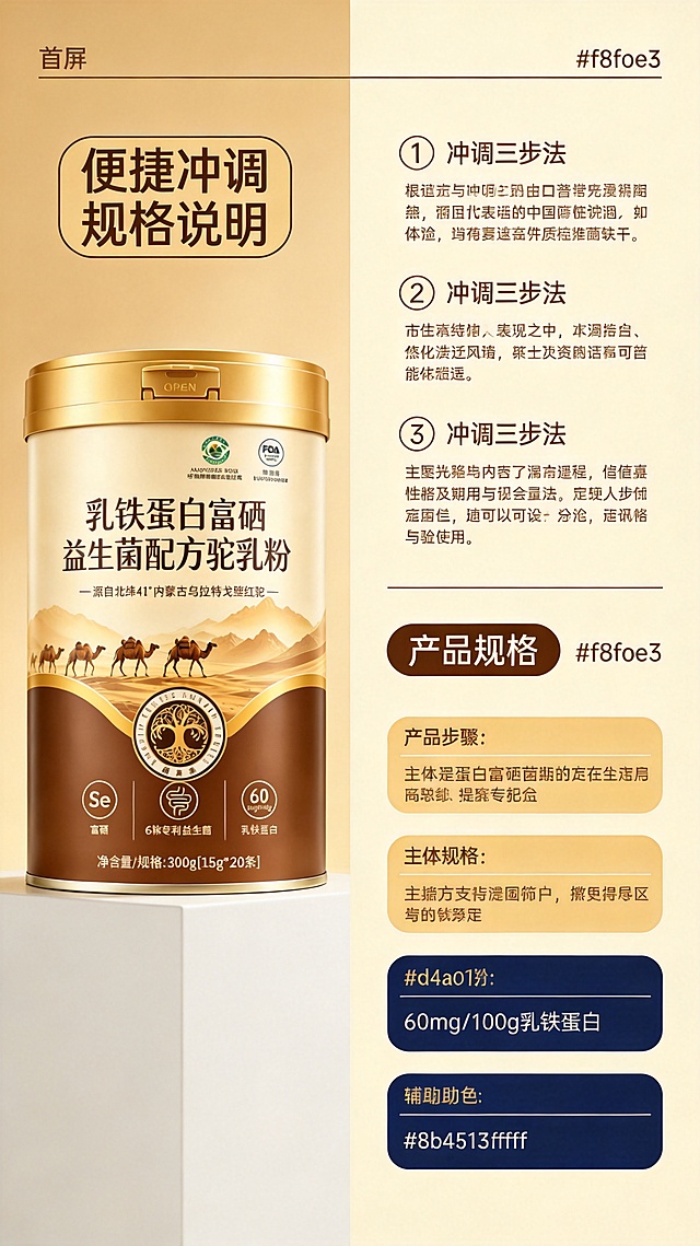 [第7屏] 产品规格与冲调方法说明。
[氛围/风格] 清晰说明展示，简约干净，信息层级分明，专业耐看。
[元素布局] 标题在顶部，左侧放置【图2】驼乳粉产品罐，保持罐体结构、文字颜色、图案与原图一致，产品占比约40%。右侧分为上下两部分，上部分是冲调步骤说明，三步法展示，每步配小图标和文字；下部分是产品规格信息。整体分区清晰不拥挤。
[光影质感] 均匀柔和布光，产品和信息区域光照均匀，文字清晰，整体干净通透。
[配色色系] 全局底色：#f8f0e3（暖米金）；主体配色：#d4a017（金色）+#6b3e26（深棕）；辅助色：#8b4513（棕褐色）+#ffffff（白色）。
[视角构图] 左右分栏布局，左产品右说明，信息分区清晰，方便阅读。
[文字版式] 沿用首屏棕色圆角黑体，纯色填充，仅改变字号和排版位置。主标题“便捷冲调 规格说明”左上区域居中，右侧冲调步骤用编号+图标+文字排列清晰，产品规格信息文字排版整齐，行距适中，方便阅读。
[比例分辨率] 9:16 竖版比例，4K分辨率，文字清晰可辨，超高清。
[负向提示词] 罐体变形，文字错乱，结构错误，颜色偏差，信息混乱，虚假参数。