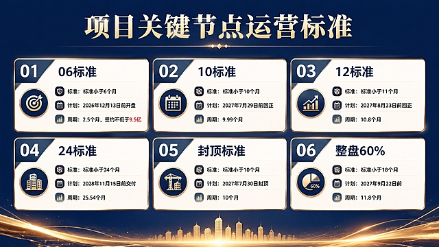 一页美观大气的运营标准PPT页面，参考年会正式大气风格，标题为项目关键节点运营标准，清晰列出以下六项内容：
1. 06标准：标准小于6个月，计划2026年12月13日前开盘，周期2.5个月，签约不低于9.5亿
2. 10标准：标准小于10个月，计划2027年7月29日前回正，周期9.99个月
3. 12标准：标准小于11个月，计划2027年8月23日前回正，周期10.8个月
4. 24标准：标准小于24个月，计划2028年11月15日前交付，周期25.54个月
5. 封顶标准：标准小于10个月，计划2027年7月30日封顶，周期10个月
6. 整盘60%：标准小于18个月，计划2027年9月22日前，周期11.8个月
排版清晰，商务正式风格，配色大气简约，适合企业年会汇报使用