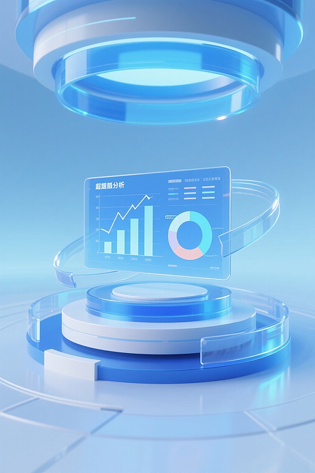 未来感十足的3D虚拟现实场景，玻璃与塑料材质交织，清透光影营造科技氛围，数据悬浮于多层平台之上，展现动态分析图表，极具体积感与现代设计美学。