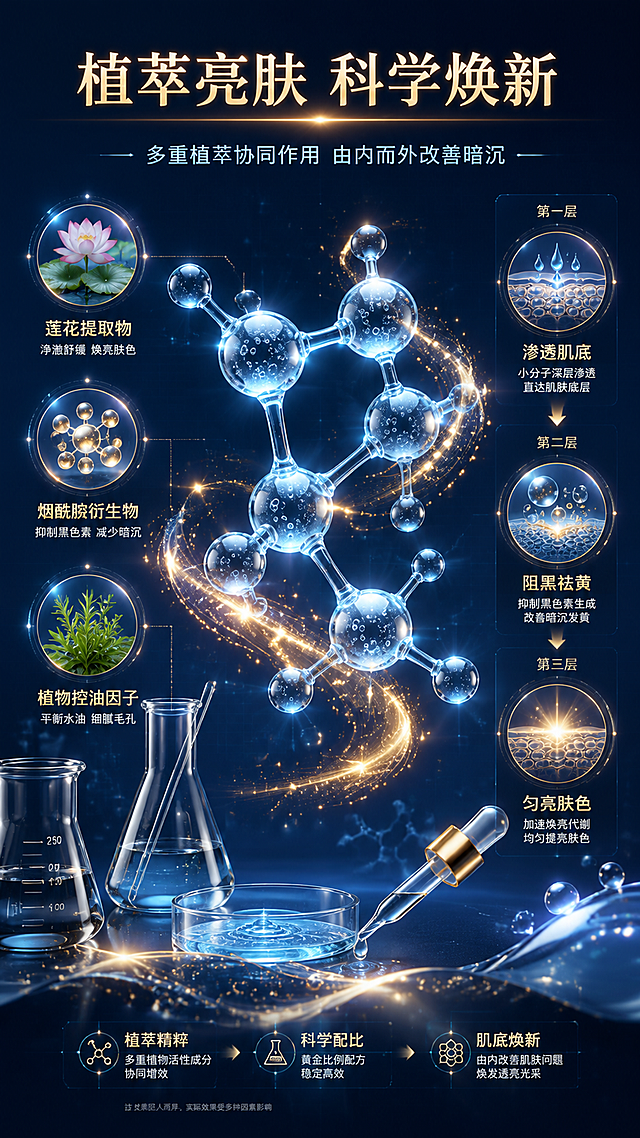 [第3张] 详情页成分功效机理-提亮祛黄核心作用链路。本张为成分机理专页，不使用产品外观图，以成分子、实验器皿、功效链路图为主视觉。
[氛围/风格] 科研实验室风，高级专业，分子结构可视化，内容饱满丰富。
[元素布局] 画面中央为大型3D透明分子结构，占画面40%以上；分子周围环绕金色能量粒子流动；左侧为成分来源植物图形（莲花、草本提取物）；右侧为三层功效链路示意；底部有实验玻璃器皿、滴管、精华液体纹理；背景为深蓝色科技渐变，有细微网格线。
[光影质感] 分子结构自发光效果，冷蓝色主光+金色辅光，实验器皿有高光折射，整体通透有科技感。
[配色色系] 全局底色#0A1628深海蓝渐变；主色科技蓝、鎏金色；辅助色透明水青色、银白色；点缀色植物绿。
[视角构图] 中央聚焦式构图，阅读动线顶部标题→中央分子→左右两侧成分与功效→底部机理说明。
[文字版式] 顶部主标题「植萃亮肤 科学焕新」，金色发光字体；左侧成分区标注「莲花提取物」「烟酰胺衍生物」「植物控油因子」三个成分名+圆形植物图示；右侧三层功效链路：第一层「渗透肌底」→第二层「阻黑祛黄」→第三层「匀亮肤色」，用箭头连接；底部小字说明「多重植萃协同作用 由内而外改善暗沉」；所有文字清晰可读，字号适中。
[比例分辨率] 9:16竖版比例，4K分辨率，文字清晰可辨，高清画质。
[负向提示词] 文字过小，分子模糊，医疗宣称，绝对化用语，水印，产品瓶身乱入，背景单调重复。
