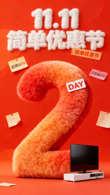 主视觉为一个红橘渐变毛绒材质的“2” ，“DAY”标签位于数字“1”上，商品位于画面右下角，背景是红橘色结合便签纸元素，画面上方为毛绒白色主标题“11.11 简单优惠节”，“直降50%”“无套路折扣“预览效果