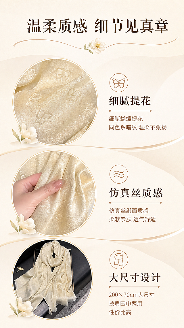 [详情页2-卖点解析] 淘宝天猫详情页卖点页，米杏香槟金蝴蝶提花丝巾，三大核心卖点，奶油风。
[氛围/风格] 奶油风温柔感，卖点解析页，精致图标+文字排版，温馨柔和，淘宝天猫品牌风格。
[元素布局] 画面采用三栏竖排版式，每个卖点配一张圆形小图+浅棕色图标+标题+描述：
1. 上方：细腻提花 — 圆形小图为蝴蝶提花纹理微距特写
2. 中间：仿真丝质感 — 圆形小图为手抚摸面料展示光泽
3. 下方：大尺寸设计 — 圆形小图为丝巾展开全貌展示

背景为奶白色渐变，整体统一奶油色调。米色装饰线条贯穿。**保持丝巾产品外观（物理结构、材质质感、颜色、蝴蝶提花图案、流苏毛边）与输入参考图完全一致，杜绝变形和色差**。
[光影质感] 柔和暖光，整体光影统一，奶油色调温馨。
[配色色系] 全局主色调奶白色+米杏色+浅米色；辅色浅棕；整体暖调温柔奶油风。
[视角构图] 三栏竖排，每栏左图右文，阅读动线清晰，构图精致有品牌感。
[文字版式] 顶部标题"温柔质感 细节见真章"深棕色大号衬线字体，下方米色装饰线+小花；每个卖点配浅棕色线条图标+深棕色标题+浅棕色描述文字：「细腻蝴蝶提花 同色系暗纹 温柔不张扬」「仿真丝缎面质感 柔软亲肤 透气舒适」「200×70cm大尺寸 披肩围巾两用 性价比高」。文字精致清晰，排版优雅温柔。
[比例分辨率] 9:16竖版比例，2K分辨率，文字清晰可辨，高清画质。
[负向提示词] 变形，水印，文字错乱，产品图模糊，背景杂乱，电商平台Logo，绝对化用语，多余的手，畸形手，手指扭曲，淘宝Logo，天猫Logo，最字，第一，国家级。