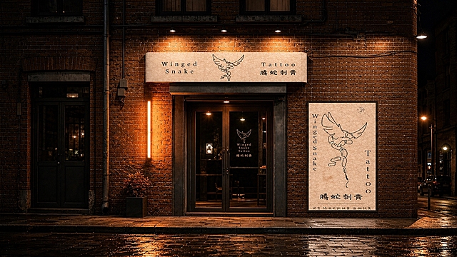 基于参考图中的纹身店外观，生成正面视角的门店照片。红砖建筑外墙，Winged Snake 腾蛇刺青招牌，暖黄色灯光，夜晚街景，玻璃门，墙面竖版广告牌，复古工业风格，电影感光影，高细节，写实摄影
