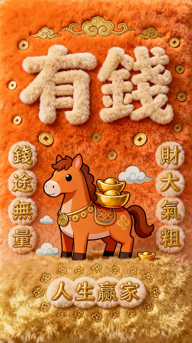 国潮插画风，毛发生长质感大字“有钱”，卡通骏马驮金元宝，鎏金浮雕点缀，喜庆可爱，财气满满。