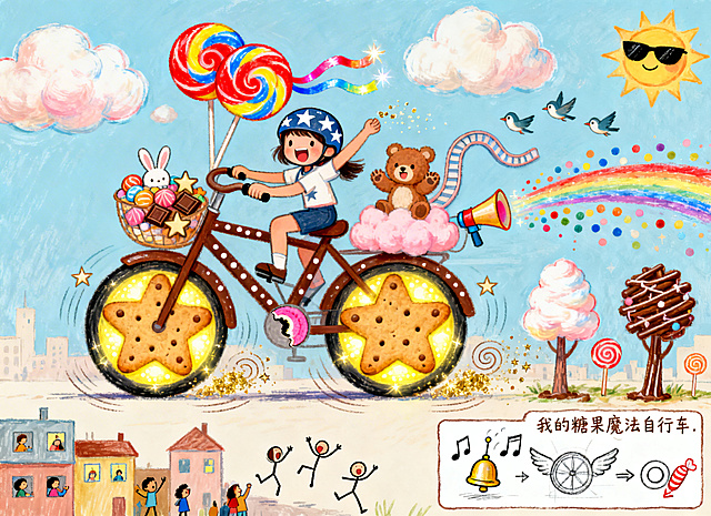 儿童画《假如我是会飞的糖果自行车设计师》，A4横幅儿童蜡笔插画风格，油画棒质感色彩鲜艳：画纸正中间是一辆超级大的色彩鲜艳的糖果自行车，几乎占据画面三分之二，侧面角度看起来正在向前飞驰。车把是两个巨大的红黄色蓝螺旋彩虹棒棒糖，末端飘着两根长长的闪闪发光彩色丝带；车架三角架是巧克力色，上面画白色小点点代表脆脆的巧克力，横杆上有一个被咬了一口的月牙形露出粉色夹心；前后车轮都是巨大星星形状，五个角圆圆的像饼干，车轮中间轮毂涂亮黄色发光，轮胎画小点点代表闪闪糖粒，车轮周围画几圈螺旋线和小星星，表示车轮飞快转动洒出金色光粉；车座是软软的粉色棉花糖，看起来像一朵小云，车座后面伸出小小的弯弯曲曲滑梯通向车后座；车后座坐着毛绒小熊举着爪子开心打招呼，后座下面有喇叭形状糖果喷射器，正喷出五颜六色小圆点糖果，在自行车后面拖出一道长长的彩虹尾巴；车头前面有半圆形车筐，里面装满圆形棒棒糖、方形巧克力、星星形状糖果，有一只小兔子趴在糖果堆里，只露出脑袋和两只耳朵；自行车上骑着一个大大的神气小女孩，小女孩戴着星星图案头盔，张开嘴巴露小白牙大笑，一只手握着车把，另一只手高高扬起，正撒出一把魔法小种子，小种子正飘向地面。画面下半部分是小小的城市和人群，用比较淡的颜色，突出上方鲜艳的自行车：画几栋小小的楼房，窗户方方的，有的窗户里还有小人探出头；画几个很小的火柴人小人，全都抬着头张着嘴巴，有的挥手有的惊讶跳起来；孩子撒下的魔法种子落下的地方，已经长出三棵小小的奇怪的树，一棵树上结着棒棒糖，一棵树上长着棉花糖云朵，还有一棵由巧克力棒组成，用简单线条画出。画面上半部分是浅蓝色天空：画几朵胖胖的棉花糖一样的白云；右上角太阳公公戴着一副酷酷的墨镜，嘴角上扬微笑；有几只小鸟在自行车旁边飞，好奇地回头看糖果喷射器。画面右下角用一个小框框起来，里面画三个设计草图：第一个是圆圆的铃铛，旁边画几个音符飘出来（会唱歌的铃铛），第二个是一个轮子，两边长出羽毛一样的翅膀（可以变成翅膀的车轮），第三个是圆形按钮，旁边画糖果形状再加一个箭头表示按这里（糖果按钮），小框框上面歪歪扭扭写着标题"我的糖果魔法自行车"。整体用鲜艳的红、黄、蓝、粉色搭配，天空浅蓝城市淡色，充满童趣想象力，符合儿童绘画风格。