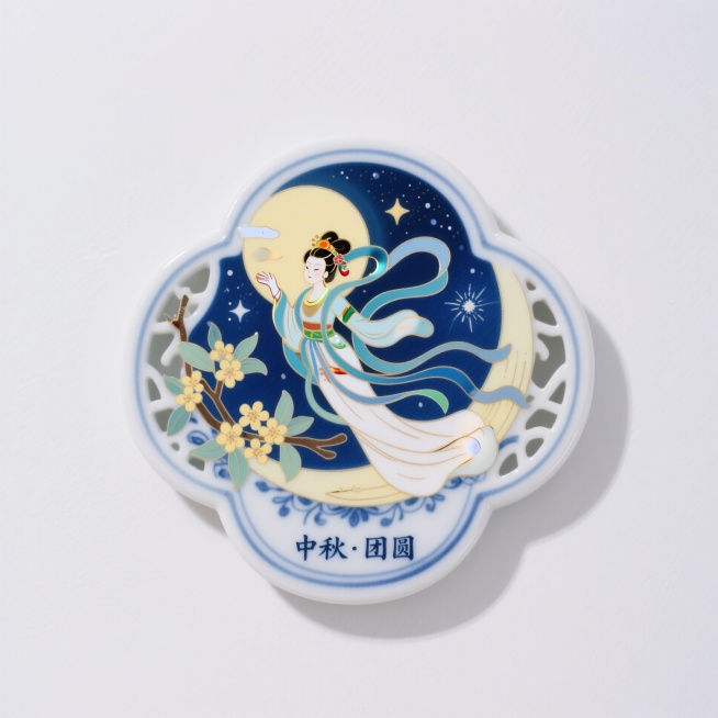 青花瓷冰箱贴，中国风，嫦娥奔月造型，桂花树枝、银河装饰而成，不规则边框，镂空设计，下方小字写着“中秋·团圆”，配色鲜艳明亮，精致好看预览效果