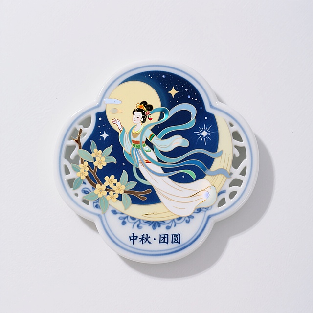 青花瓷冰箱贴，中国风，嫦娥奔月造型，桂花树枝、银河装饰而成，不规则边框，镂空设计，下方小字写着“中秋·团圆”，配色鲜艳明亮，精致好看