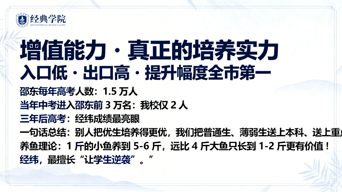 邵东经纬学校高中招生宣讲PPT第4页增值能力，大标题"增值能力・真正的培养实力"，副标题"入口低・出口高・提升幅度全市第一"，正文内容"邵东每年高考人数：1.5 万人
当年中考进入邵东前 3 万名：我预览效果