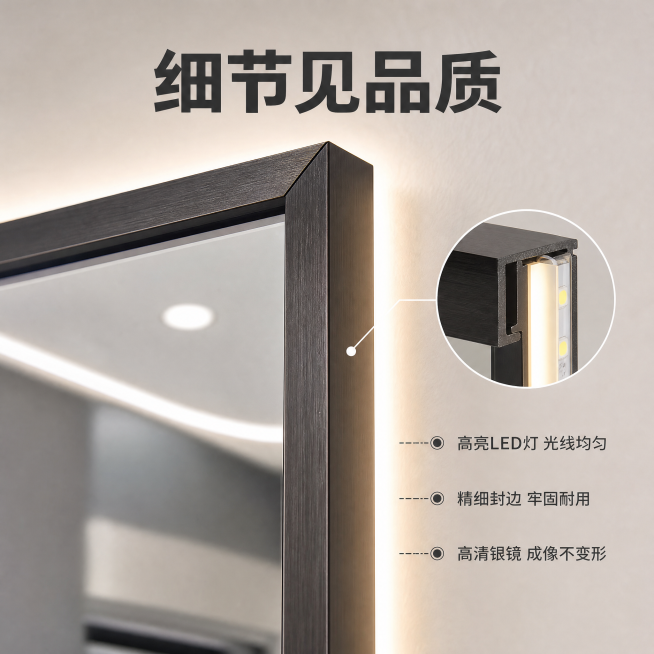 [主图-3] 产品核心细节特写，突出高清镜面和工艺品质。氛围风格：微距质感，突出品质工艺。画质：超微距商业摄影，细节清晰锐利，材质纹理真实。元素：主图占比70%为镜子边框和灯带接口处局部特写，用圆形放预览效果