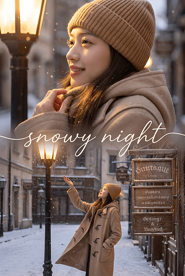 女生穿米白牛角扣大衣，驼色针织帽压着耳尖，落雪老街背景。上宫格：大特写镜头，女生侧脸特写，街灯暖光从斜前方漫来，睫毛沾着细雪，嘴角带点慵懒的笑意，指尖轻触围巾。下宫格：中景镜头，女生站在老街路灯下，抬手接住飘落的雪花，大衣下摆被微风拂起，身后是挂着霜花的木质店铺招牌。中间有手写 “snowy night” 文字横向贯穿画面。