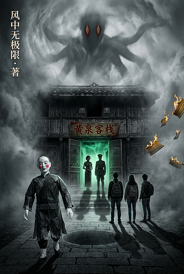 极具纵深感的书籍封面，前景是表情僵硬、栩栩如生的惨白扎纸人，歪歪扭扭走向画面中央孤悬于浓雾中的明清风格二层木楼黄泉客栈，客栈雕花木门半掩，透出惨绿色磷光，地上映出深井轮廓，客栈上方是如同活物翻涌的灰色浓雾，雾中隐约形成巨大无面类人阴影俯视大地，几片燃烧暗金色火焰的古籍残页在风中飘零，主体建筑用近乎黑白的冷色调，客栈招牌上的“黄泉客栈”四字、纸人脸上的腮红以及邪神的隐约竖瞳用血红与暗金色点出，客栈门内是穿着旗袍和军装的民国角色剪影，门外是现代装束的主角团背影，两个时代影子在台阶交错重叠，画面中加入明显清晰的文字“风中无极限·著”，整体弥漫中式民俗阴森与克苏鲁式宏大未知恐惧，体现本土化恐怖、双线叙事情感张力、长线伏笔剧情密度