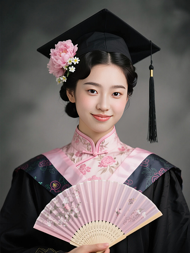 女生证件照，民国发型，穿黑色学士袍戴黑色学士帽，头发上戴粉色芍药花和白色小花，手执折扇，学士帽流苏，领口有粉色复古花纹，内衬是粉色旗袍，黑灰色朦胧背景，看镜头。
