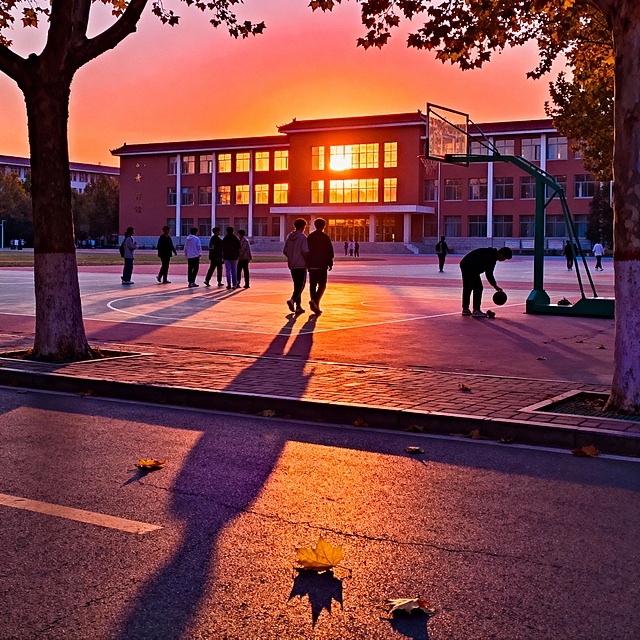 以“校园黄昏”为主题，创作一幅原创插画，风格要求为插画，特写，高清画面需突出“黄昏光影、城市建筑、生活气息”三大核心要素。