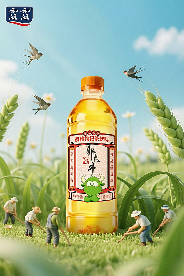 参考图1的小满节气微缩景观风格，将图2的黄精枸杞茶饮料瓶子放在麦田微缩场景中，保留农夫劳作小人模型、麦穗、燕子、蓝天白云的整体构图，保持瓶身比例和标签文字完全不变不修改，整体风格清新自然和二十四节气结合
