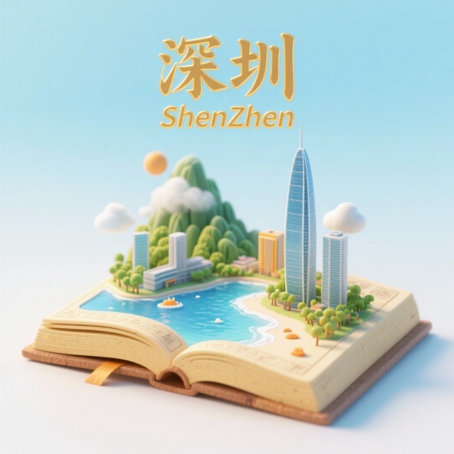 一本打开的古代书籍，书是打开的，书上是深圳城市景观微缩模型，有深圳的春笋楼，梧桐山，深圳湾，京基100，桔钓沙，上方有中文“深圳”和英文“ShenZhen”，整体画面生动，色调温暖明快，充满活力与朝气预览效果