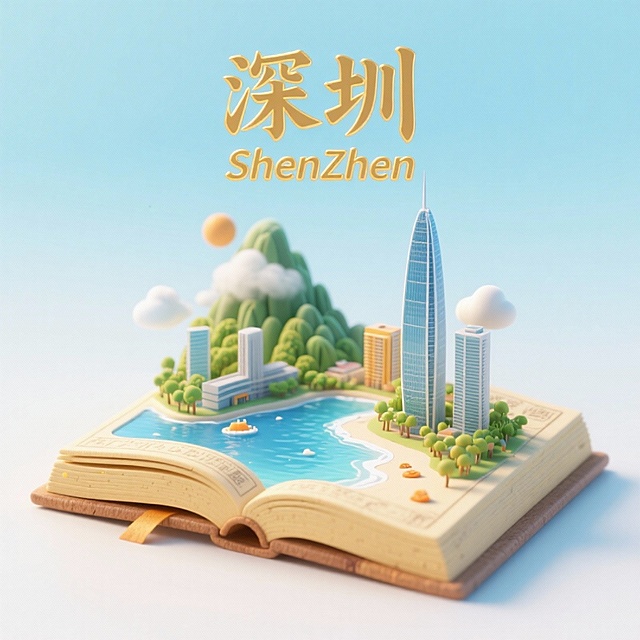 一本打开的古代书籍，书是打开的，书上是深圳城市景观微缩模型，有深圳的春笋楼，梧桐山，深圳湾，京基100，桔钓沙，上方有中文“深圳”和英文“ShenZhen”，整体画面生动，色调温暖明快，充满活力与朝气，具有梦幻感，背景为非常淡的蓝白色渐变。