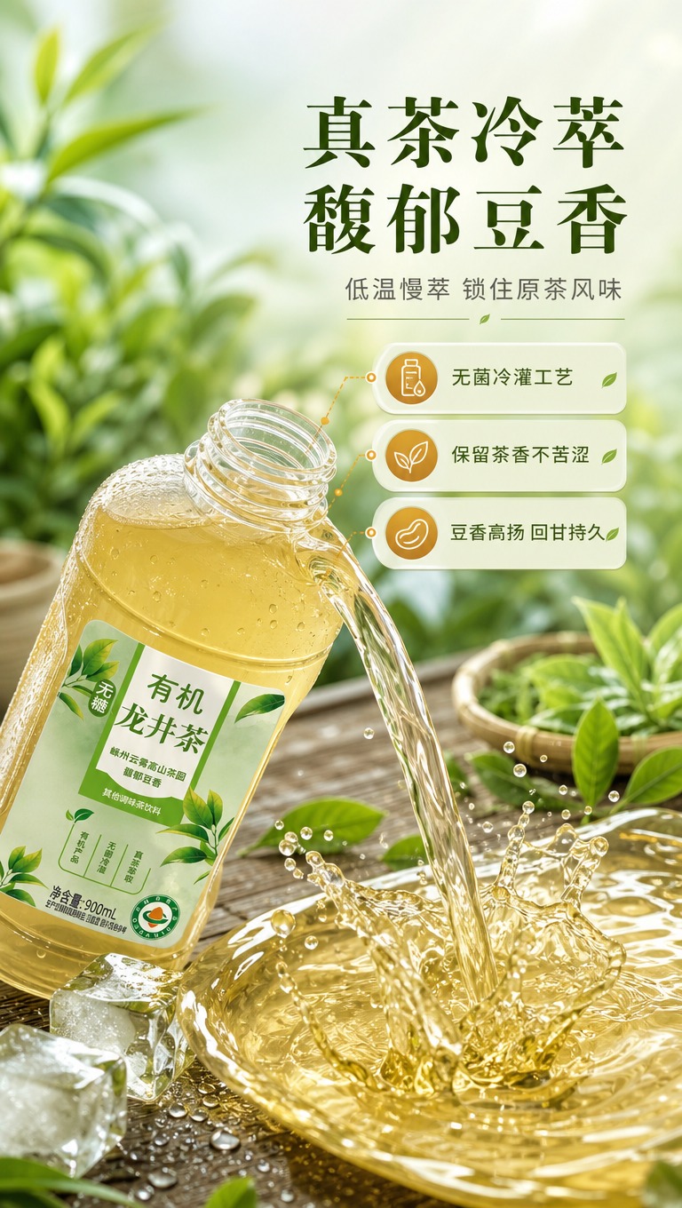 [商品] 使用【图1】有机龙井茶饮料瓶；保留瓶身结构、标签文字… - 图片创意预览