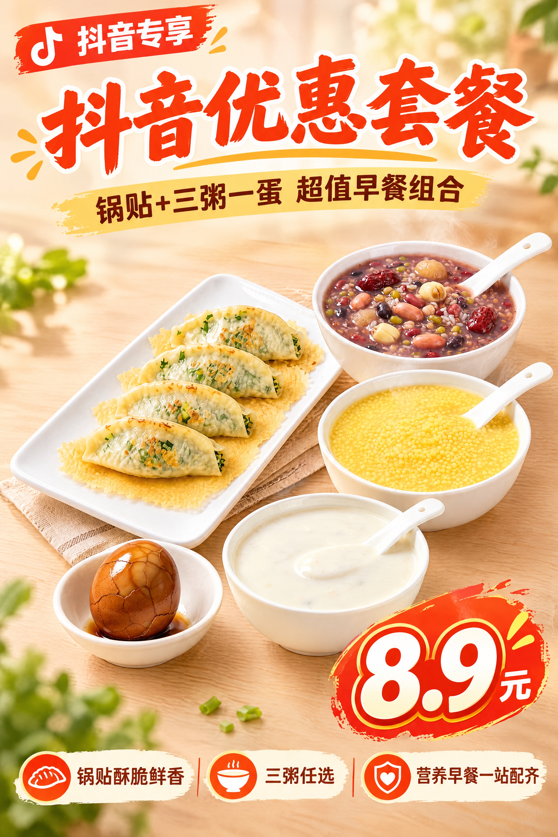抖音早餐优惠套餐促销海报，竖版2:3，写实商业摄影风格，食欲感… - 图片创意预览