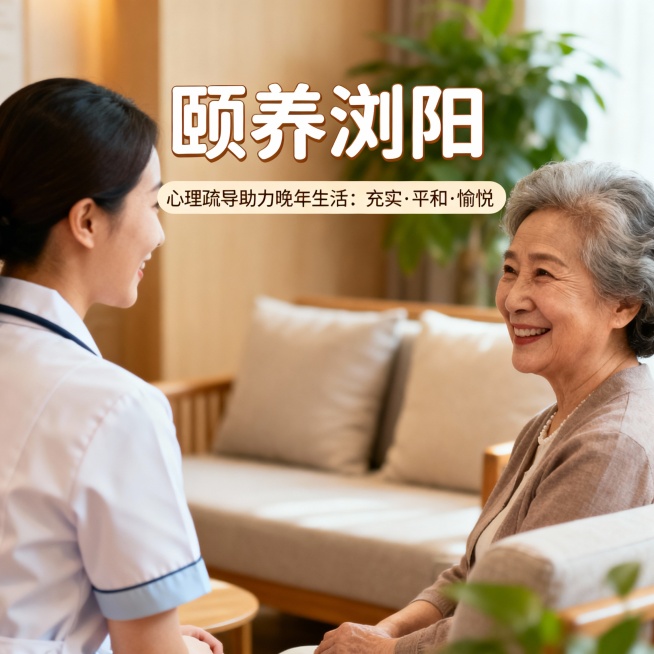 帮我生成带“颐养浏阳”服务人员心理疏导，助力晚年生活更加充实、平和、愉悦。服务场景的图片预览效果