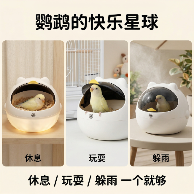 萌趣科技养宠风，严格还原鹦鹉太空舱鸟窝，产品尺寸比例1:1。主视觉：三格场景合集，分别为鹦鹉在鸟窝内休息、开盖玩耍、躲雨的场景，背景为简约浅色调，突出产品的多用途。主标题："鹦鹉的快乐星球"，副标题：预览效果