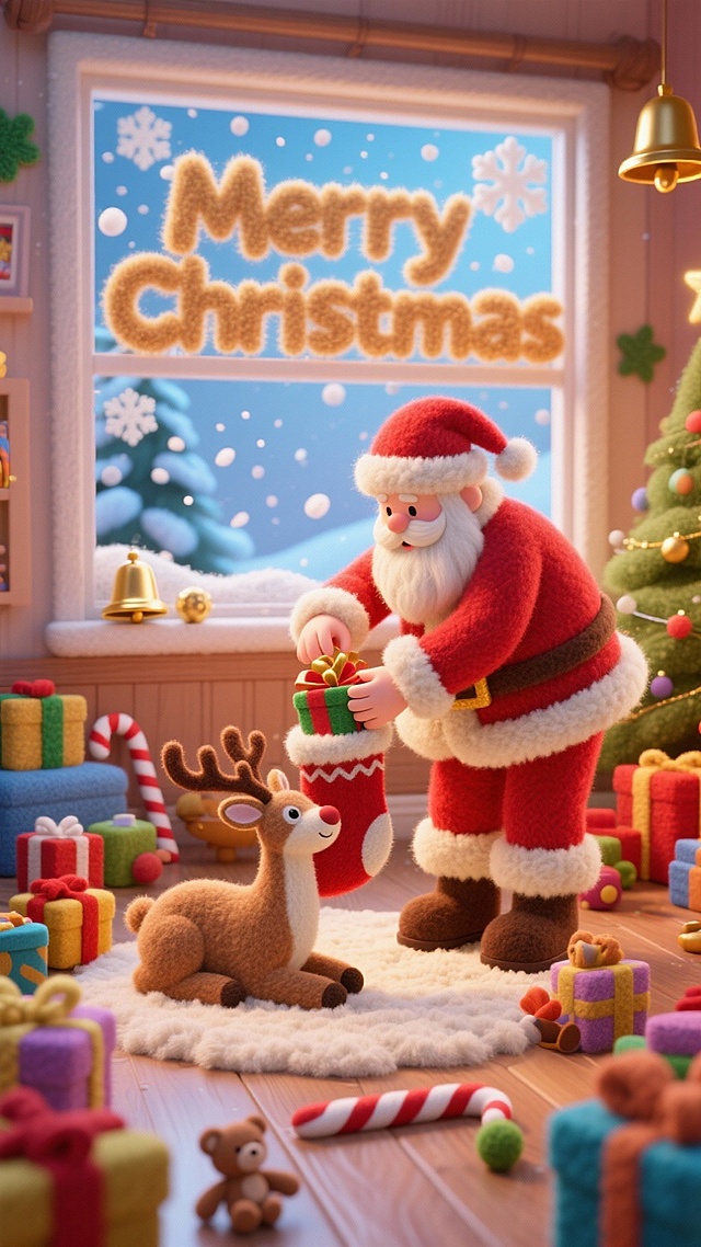 圣诞老人正在给袜子里塞礼物，脚边是一只可爱麋鹿趴着，周围散落了一些不同大小的礼品盒，窗外是飘落的雪花，窗户上是英文“Merry Christmas”艺术字，房间内点缀着金色铃铛、拐杖糖、玩具小熊等，温馨氛围。